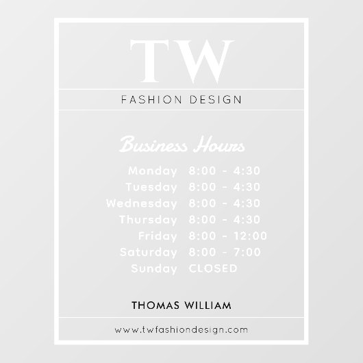 Uren van Bedrijfsvoering Mode Wit Transparant Raamsticker (Vel)