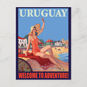 Uruguay, meisje op het strand, oud reizen briefkaart