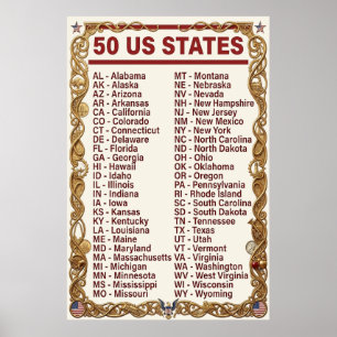 Us Alfabetische Lijst 50 Staten Afkortingen Goud Poster