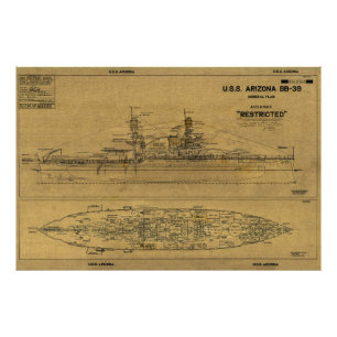 US ARIZONA Battleship Blueprint 1934 Foto Afdruk