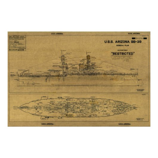 US ARIZONA Battleship Blueprint 1934 Foto Afdruk (Voorkant)