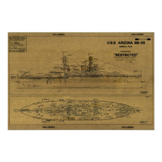 US ARIZONA Battleship Blueprint 1934 Perfect Poster (Voorkant)