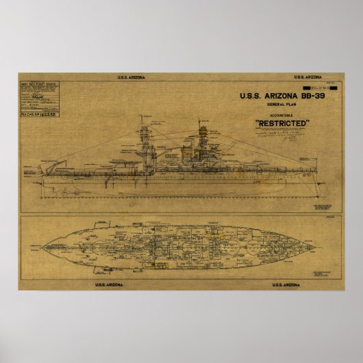 US ARIZONA Battleship Blueprint 1934 Poster (Voorkant)