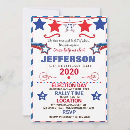 US BIRTHDAY BOY ELECTION BIRTHDAY INVITATION KAART (Voorkant)