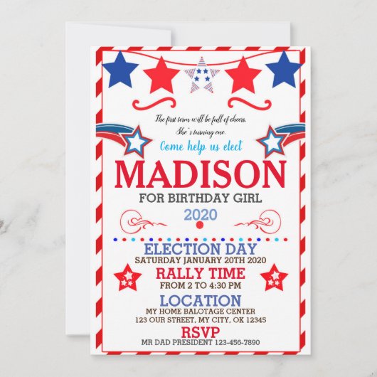 US BIRTHDAY GIRL ELECTION BIRTHDAY INVITATION KAART (Voorkant)