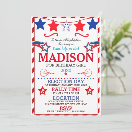 US BIRTHDAY GIRL ELECTION BIRTHDAY INVITATION KAART (Staand voorkant)