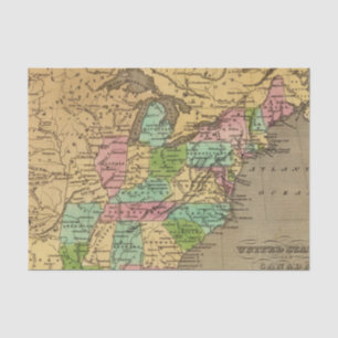 US, Canada Hand Colored Atlas Map Tissuepapier