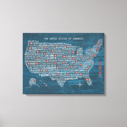 US City Map on Wood Blue Canvas Afdruk (Voorkant)