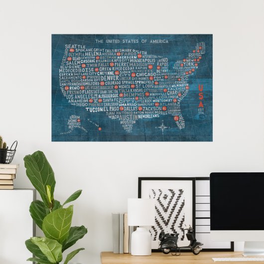 US City Map on Wood Blue Poster (Thuiskantoor)