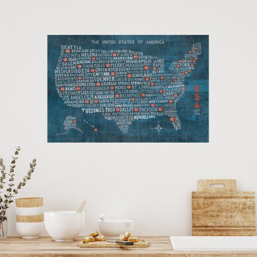 US City Map on Wood Blue Poster (Keuken)