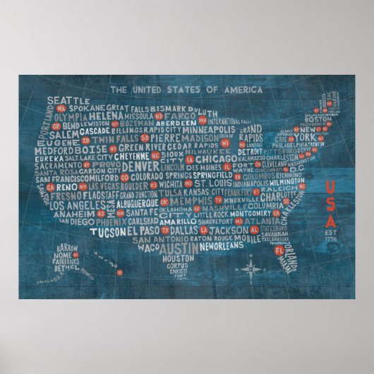 US City Map on Wood Blue Poster (Voorkant)