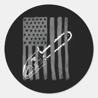 Us Flag Chainzaag Woodarbeider Logger Ronde Sticker
