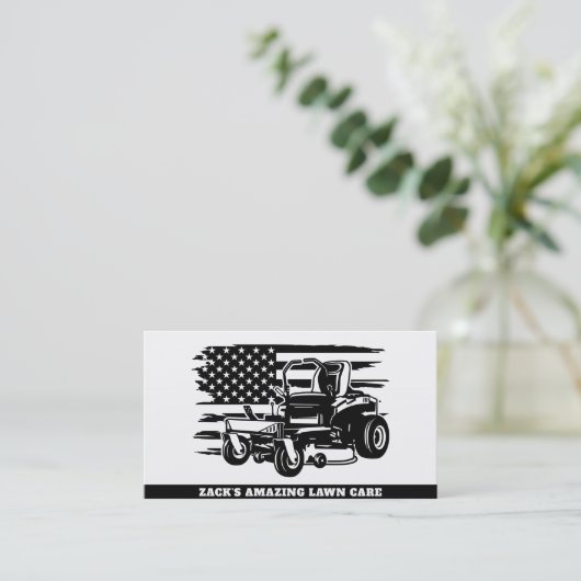 *~* US Flag Lawn Mower Black White Lawn Care  Visitekaartje (Staand voorkant)