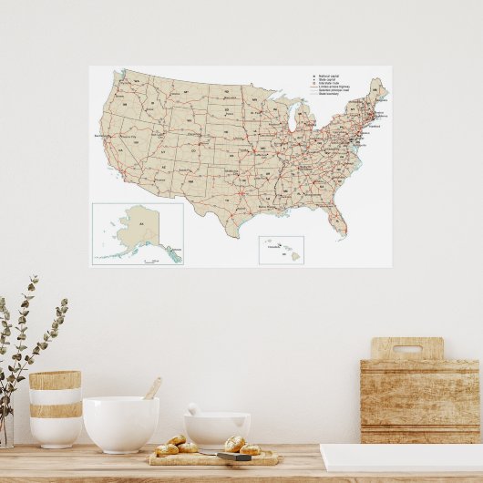 US Highways Road in de Verenigde Staten Kaart Poster (Keuken)