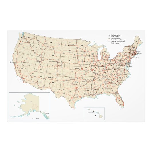US Highways Road Map Amerikaans Verenigde Staten 6 Foto Afdruk (Voorkant)