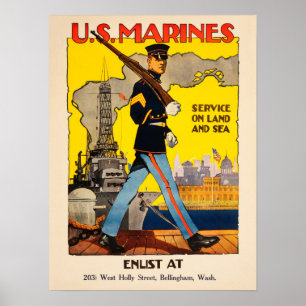 US Marines Service on Land and Zee American WW1 Poster