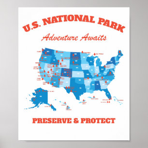 US National Parks Map Hiker Camper Summer Poster