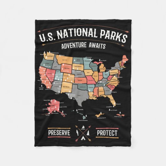 Us National Parks Map Preserve Protect Hiking Camp Fleece Deken (Voorkant)