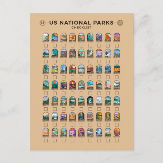 US National Parks of America Checklist  Briefkaart (Voorkant)