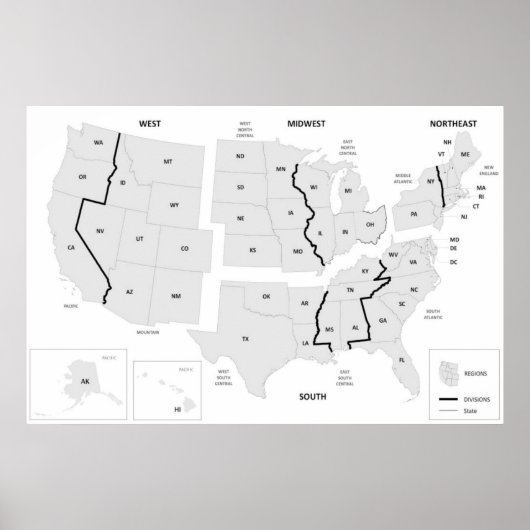 US Regions Map United States Poster (Voorkant)