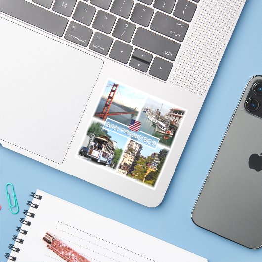 US San Francisco - Golden Gate Bridge - Kabelauto. Sticker (Laptop met iPhone)