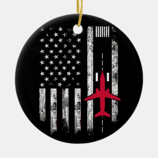 US Vlag Airport Runway Airplane Pilft Cadeau Keramisch Ornament (Voorkant)