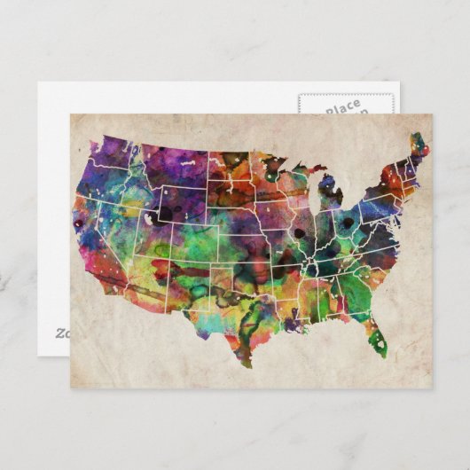 US Waterverf Map Briefkaart (Voorkant / Achterkant)