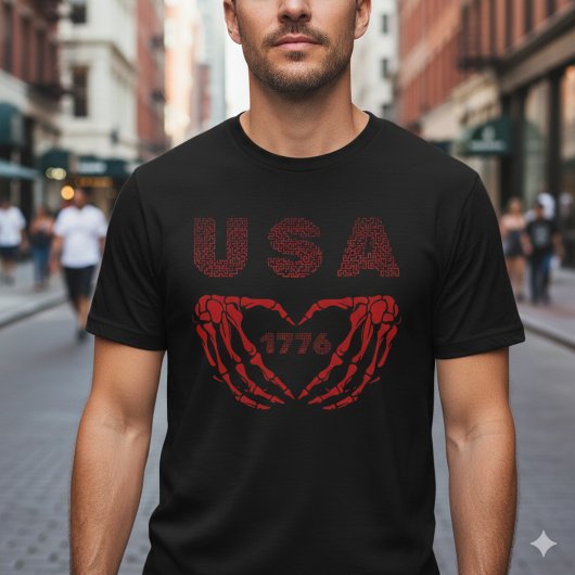 USA 1776 Patriotic Skeleton Heart Hands T-Shirt