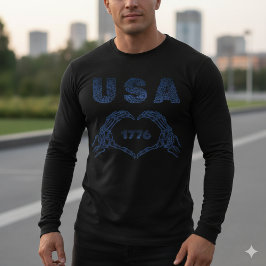 USA 1776 Skeleton Heart Hands Patriotic Tee T-shirt