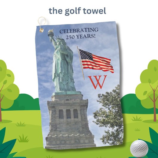 USA 250 American Flag Statue of Liberty Monogram Golfhanddoek