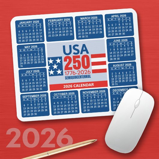 USA 250 with 2026 Calendar - Red White Blue Muismat