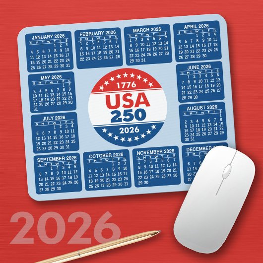 USA 250 with 2026 Calendar - Red White Blue Muismat