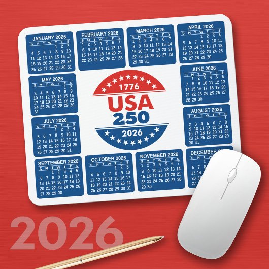 USA 250 with 2026 Calendar - Red White Blue Muismat