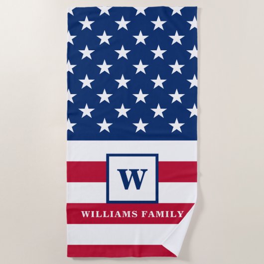 USA Amerikaanse vlag Monogram Familienaam 4th van  Strandlaken (Voorkant)