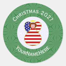 USA Angel Rood Haar Kerstvlag Gepersonaliseerd Ronde Sticker