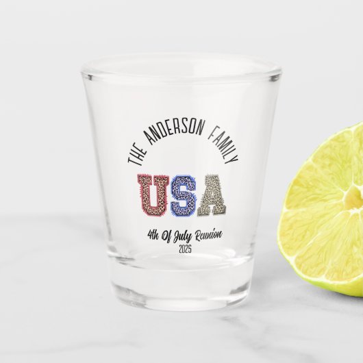 USA Cheetah Print Gepersonaliseerde Reünie Naam Shot Glas (Voorkant)