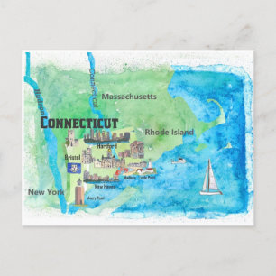 USA Connecticut-reiskaart met hoogtepunten Briefkaart