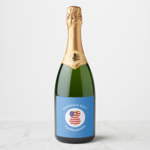 USA Engel Rode Haar Hanukkah Vlag Gepersonaliseerd Sparkling Wijnetiket