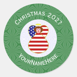 USA Engel Rood Haar Kerst Vlag Gepersonaliseerd  Ronde Sticker