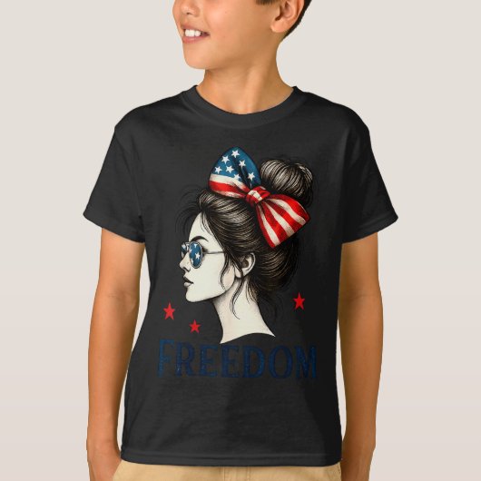 Usa Flag Bow Messy Bun Girls Dom American Flag Pat T-shirt (Voorkant)