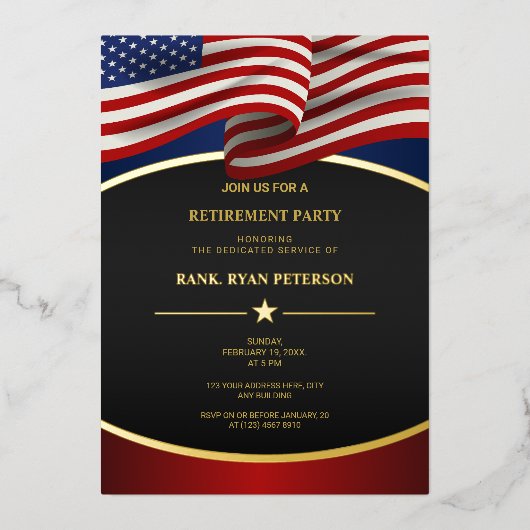 USA Flag Folie Curve Lines Luxe Zwarte Uitnodiging (Voorkant)