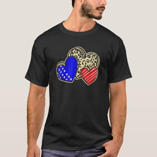 USA Flag Heart 4th Of July Leopard Patriotic Red W T-shirt (Voorkant)