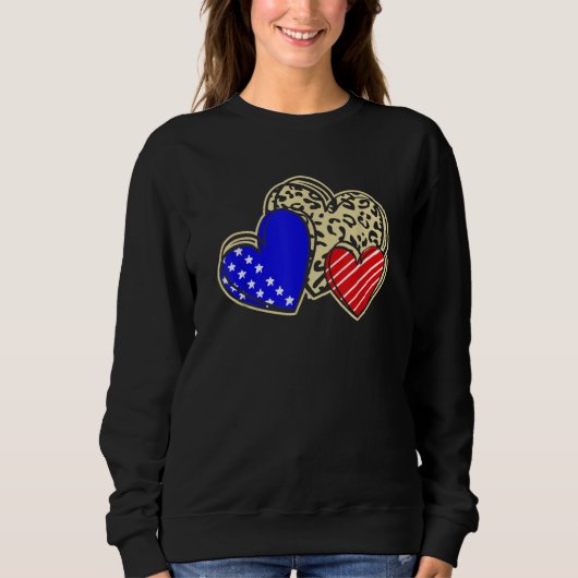 USA Flag Heart 4th Of July Leopard Patriotic Red W Trui (Voorkant)