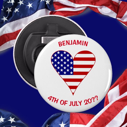 USA Flag Heart Funky Personalized Button Flesopener