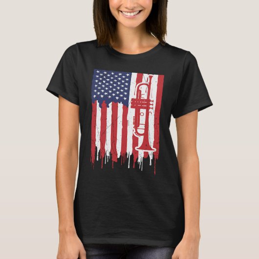 USA Flag Thin Red Line Smooth Jazz Music Trumpet T-shirt (Voorkant)