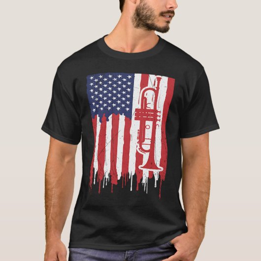USA Flag Thin Red Line Smooth Jazz Music Trumpet T-shirt (Voorkant)