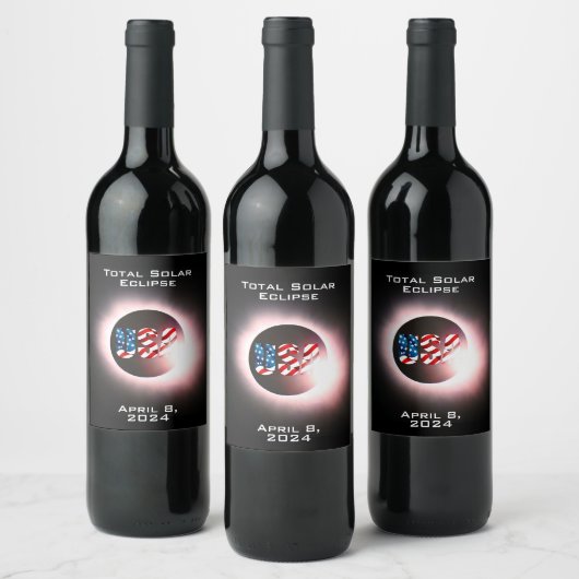USA FLAG Totale zonsverduistering 8 april 2024 Wijn Etiket (Flessen)