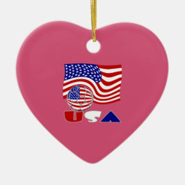 USA Flag Voetbal Dieprood Achtergrond Hart Keramisch Ornament