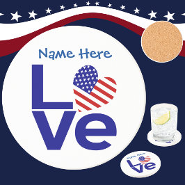 USA Hart Vlag Blauw LIEFDE Gepersonaliseerde Naam Zandsteen Onderzetter
