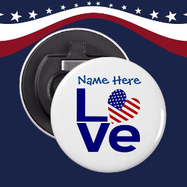 USA Hart Vlag Blauw LOVE Gepersonaliseerde Naam Button Flesopener
